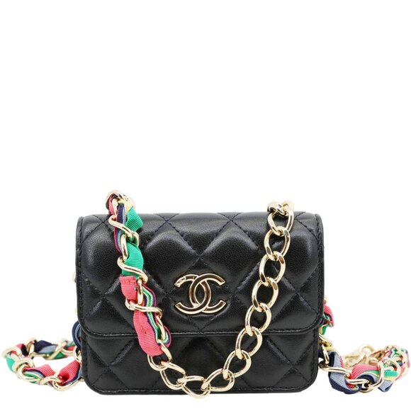 Chanel  Ribbon Flap Shiny Lambskin Quilted Leather Belt Bag Black - Picture 1 of 13